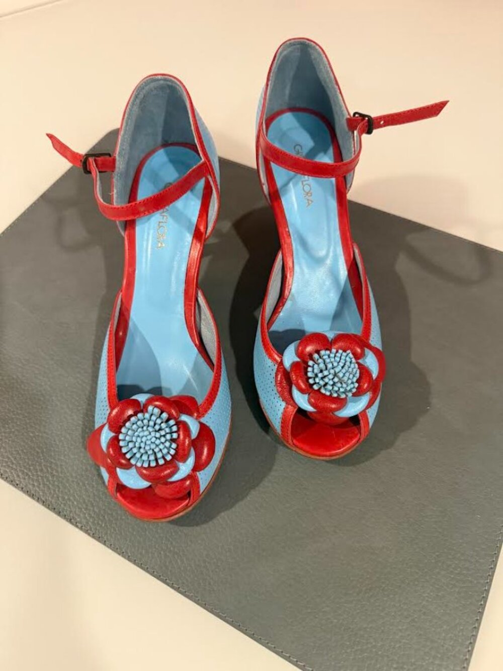 Gretaflora Handcrafted Argentinian Tango Shoes Blue Red Floral Leather HeelsOpt